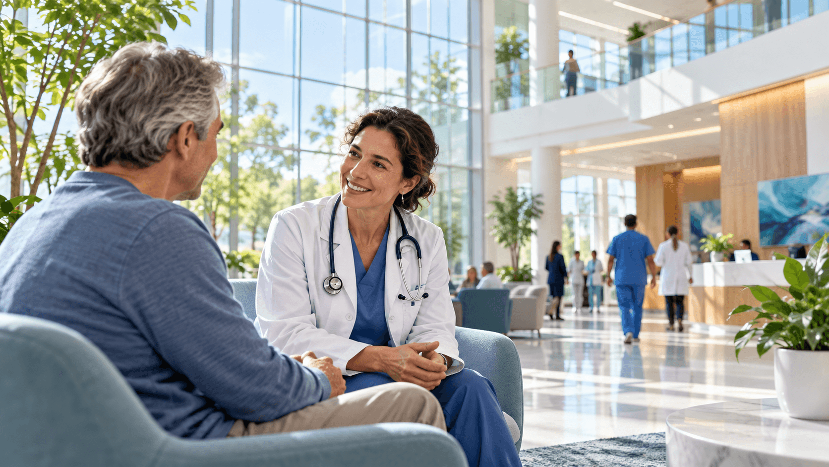 A doctor welcoming a patient in a bright hospital atrium