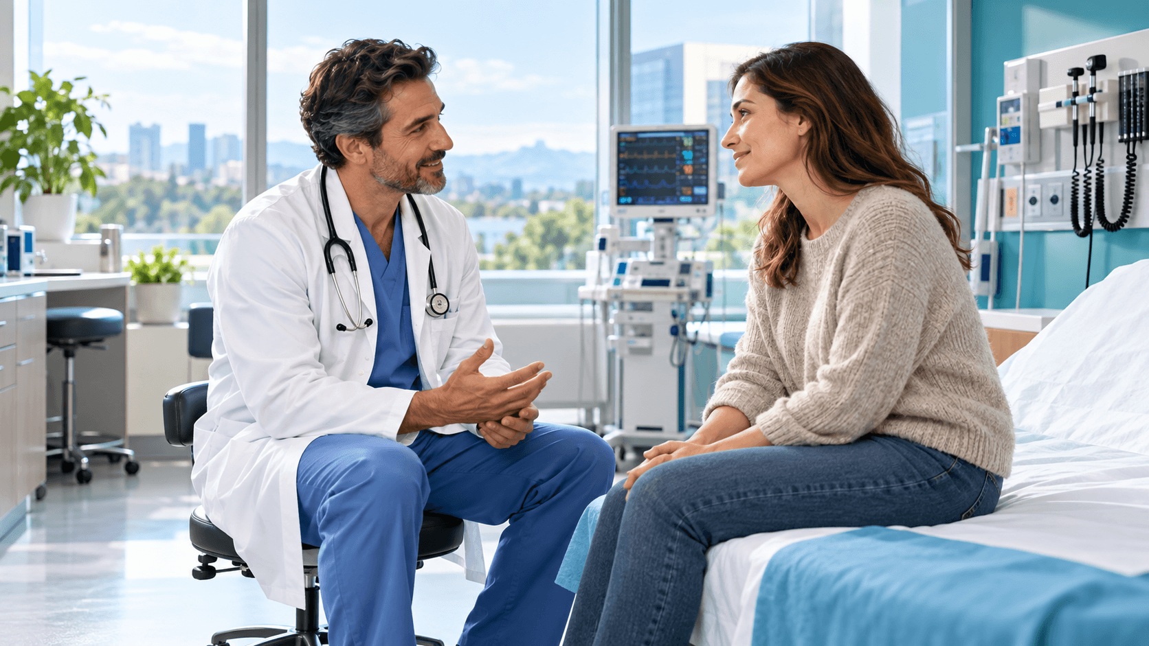 A doctor speaking with a patient in a modern consultation room